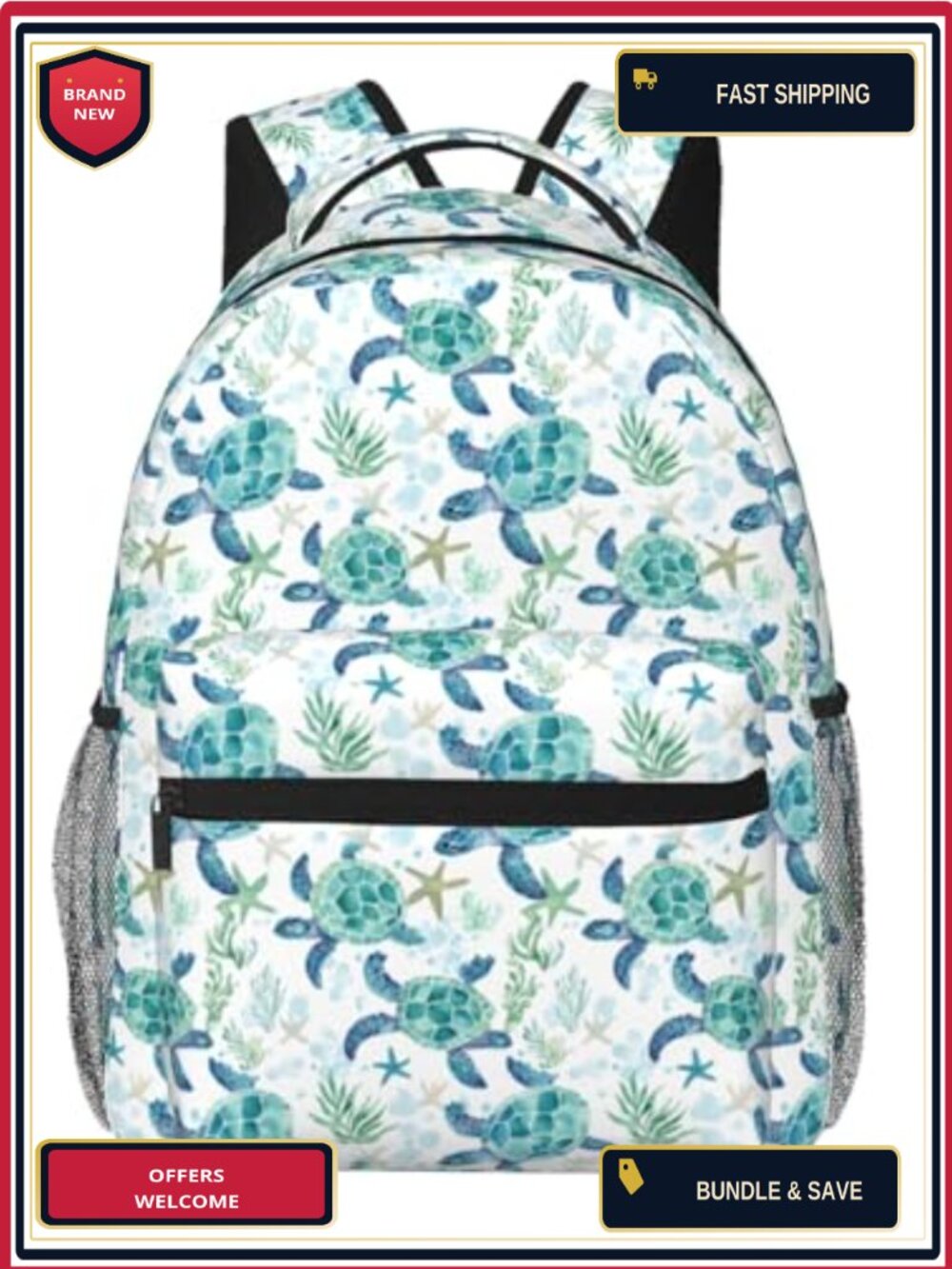 Funny Sea Turtle Backpack, Polyester Bookbag with Padded Laptop Sleeve, School